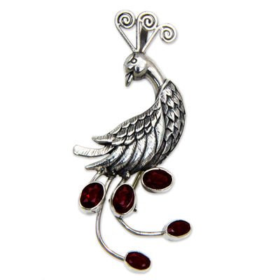 Garnet brooch pin or pendant, 'Peahen in Love' - Silver Bird Brooch Pin-Pendant with Garnets
