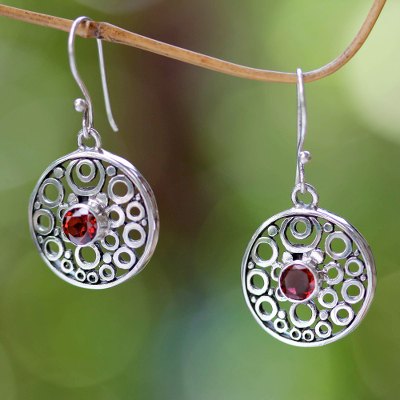 Garnet dangle earrings, 'Foamy Surf' - Balinese Garnet Dangle Earrings