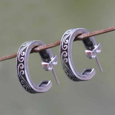 Sterling silver half hoop earrings, 'Ocean' - Artisan Crafted Sterling Silver C Hoop Half Hoop Earrings