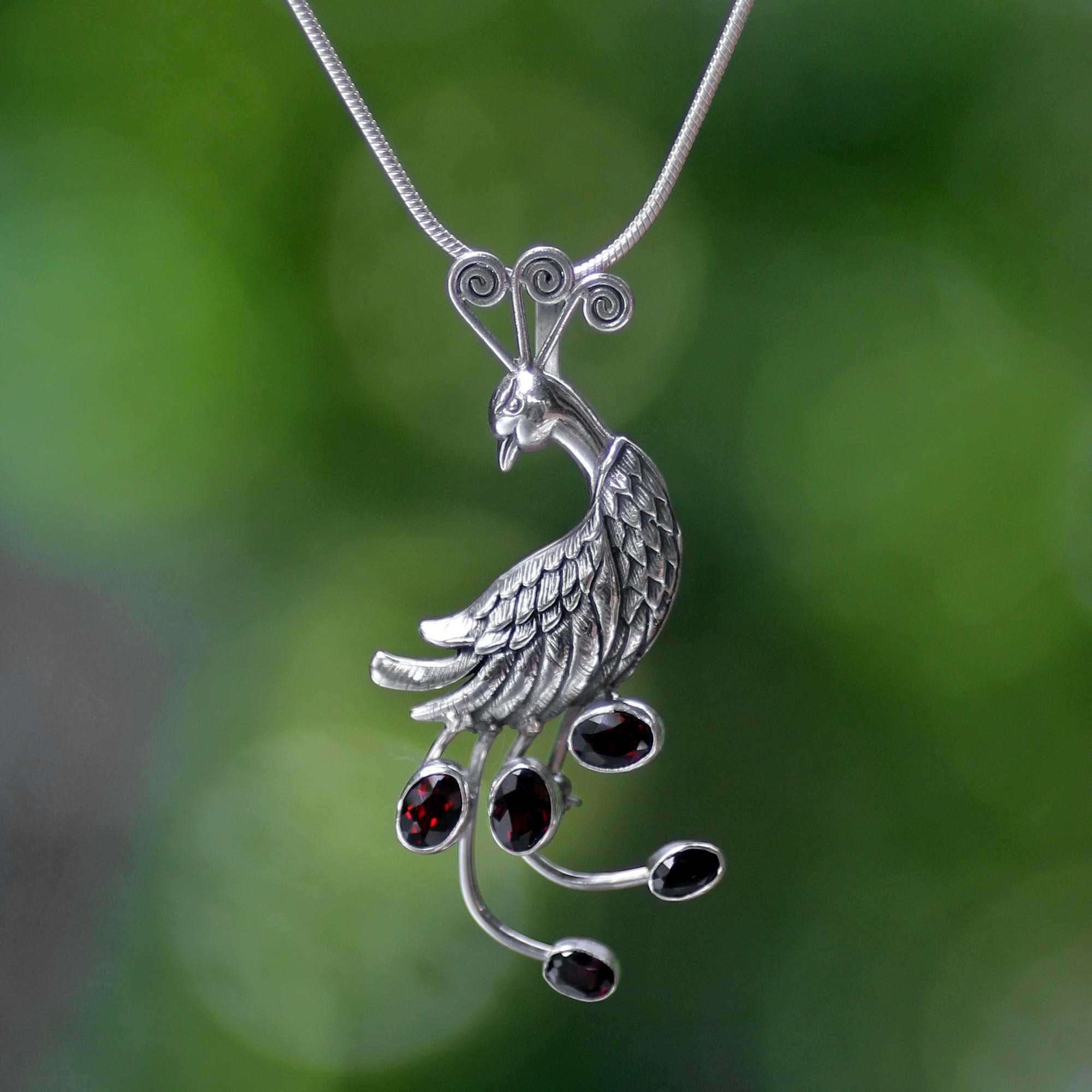 Silver Bird Necklace with Garnets - Peahen in Love | NOVICA Canada