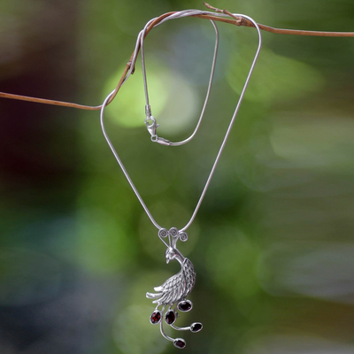Garnet pendant necklace, 'Peahen in Love' - Silver Bird Necklace with Garnets