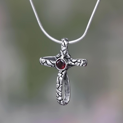 Garnet cross necklace, 'Love and Faith' - Modern Silver and Garnet Cross Necklace