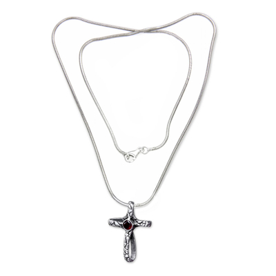 Garnet cross necklace, 'Love and Faith' - Modern Silver and Garnet Cross Necklace