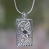 Garnet pendant necklace, 'Butterfly in Jasmine'