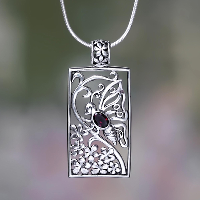 Garnet pendant necklace, Butterfly in Jasmine