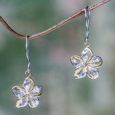Gold accent flower earrings, 'Golden Frangipani' - Sterling Silver Earrings with Gold Accent