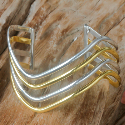 Gold accent cuff bracelet, 'Wakatobi Wave' - Sterling Silver Cuff Bracelet with Gold Accent