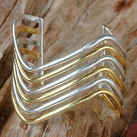 Gold accent cuff bracelet, 'Wakatobi Surf' - Sterling Silver Cuff Bracelet with Gold Accent