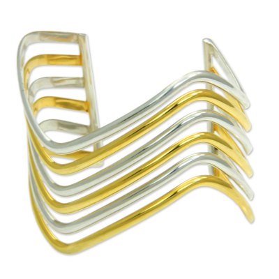 Gold accent cuff bracelet, 'Wakatobi Surf' - Sterling Silver Cuff Bracelet with Gold Accent