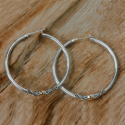Gold accent hoop earrings, 'Celuk's Kencana' - Sterling Silver Hoop Earrings with Golden Accents