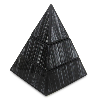 Reverse painted glass box, 'Pyramid Treasure' - Black and Silver Pyramid Box