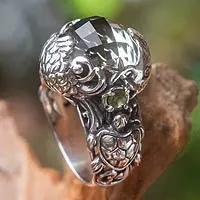 Anillo de cóctel de prasiolita, 'Sealife' - Anillo de cóctel de plata de ley balinesa y prasiolita