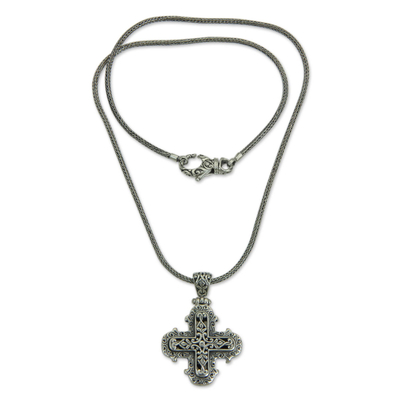 Collar cruz de plata de ley - Collar con cruz adornada de plata esterlina de Bali