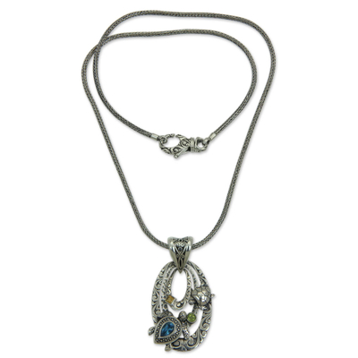 Blautopas-Anhänger-Halskette - Silberne und blaue Topas-Schildkröten-Halskette