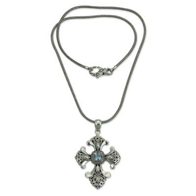 Blue topaz cross necklace, 'Beauty' - Handmade Balinese Blue Topaz Cross Necklace