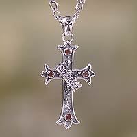 Garnet cross necklace, 'Cross and Crown' - Fair Trade Sterling Silver and Gemstone Cross Pendant