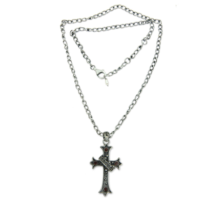Garnet cross necklace, 'Cross and Crown' - Handmade Garnet Cross Necklace