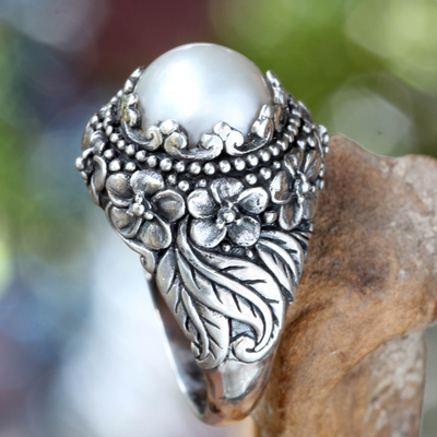 Cultured pearl domed ring, 'Moon Flowers' - Floral Pearl Ring