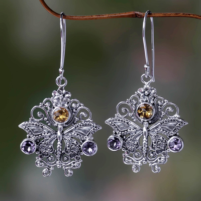 Amethyst and citrine earrings, 'Butterfly Queen' - Amethyst and Citrine Butterfly Earrings