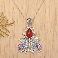 Carnelian and amethyst pendant necklace, 'Lady Butterfly' - Carnelian and Amethyst Butterfly Necklace