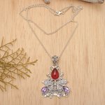 Carnelian and amethyst pendant necklace, 'Lady Butterfly' - Carnelian and Amethyst Butterfly Necklace