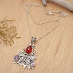Carnelian and amethyst pendant necklace, 'Lady Butterfly' - Carnelian and Amethyst Butterfly Necklace