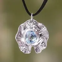 Blue topaz pendant necklace, 'Frog Prince'