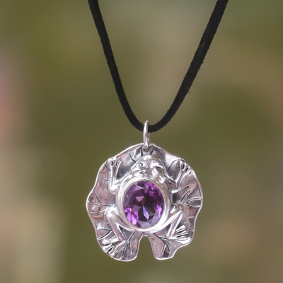 Amethyst pendant necklace, 'Frog Prince' - Artisan Crafted Amethyst Frog Necklace