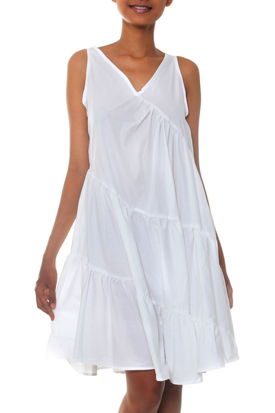 Cotton sundress, 'Balinese Cloud' - White Cotton Knee Length Sundress from Bali