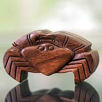 Wood puzzle box, 'Balinese Crab' - Crab Theme Puzzle Box