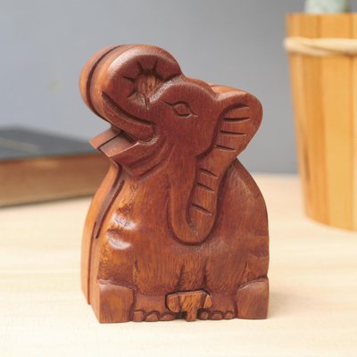 Wood puzzle box, 'Elephant Secret' - Elephant Theme Wood Puzzle Box