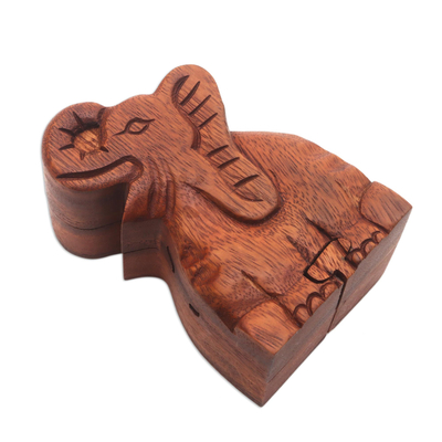 Wood puzzle box, 'Elephant Secret' - Elephant Theme Wood Puzzle Box