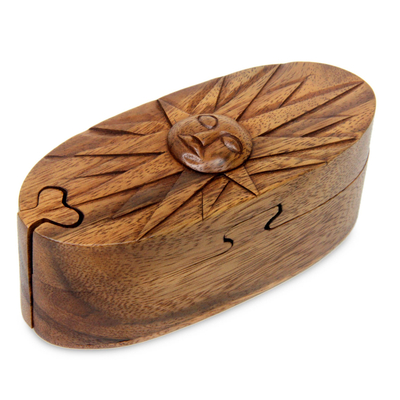 Wood puzzle box, 'Balinese Sun' - Sunshine Theme Wood Puzzle Box