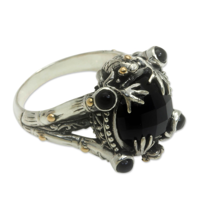 Gold accent onyx cocktail ring, 'Tropical Frogs' - Onyx Sterling Silver Ring with Gold Accents