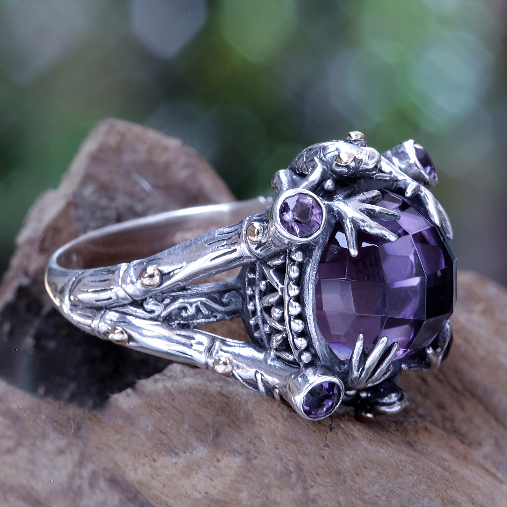 Amethyst Sterling Silver Ring with Gold Accents - Tropical Frogs