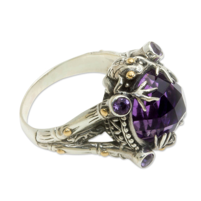 Gold accent amethyst cocktail ring, 'Tropical Frogs' - Amethyst Sterling Silver Ring with Gold Accents