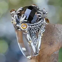 Gold accent smoky quartz cocktail ring, 'Tropical Frogs'