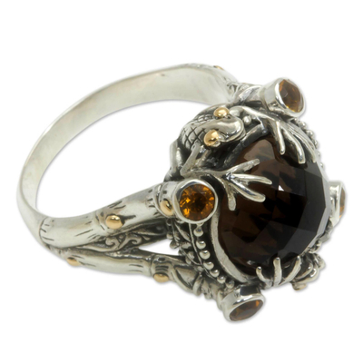Gold accent smoky quartz cocktail ring, 'Tropical Frogs' - Smoky Quartz Sterling Silver Ring with Gold Accents