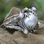 Pearl Sterling Silver Ring with Gold Accents, 'Tropical Frogs'