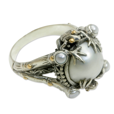 Gold accent cultured pearl cocktail ring, 'Tropical Frogs' - Pearl Sterling Silver Ring with Gold Accents
