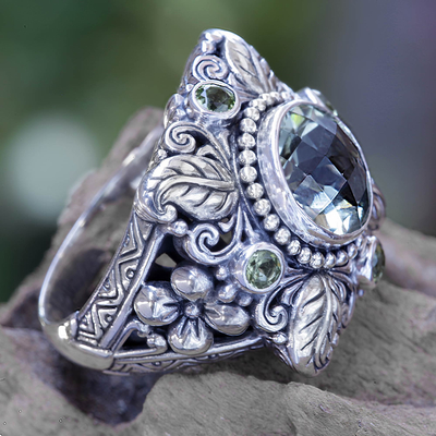 Prasiolite and peridot flower ring, 'Nature's Splendor' - Sterling Silver Prasiolite and Peridot Cocktail Ring