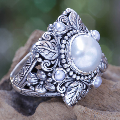 Cultured pearl flower ring, 'Nature's Splendor' - Silvery White Pearls on Sterling Silver Ring