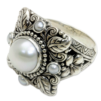 Cultured pearl flower ring, 'Nature's Splendor' - Silvery White Pearls on Sterling Silver Ring