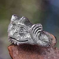 Sterling silver domed ring, 'Little Monkey' - Handcrafted Balinese Sterling Silver Monkey Ring
