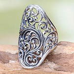 Hand Crafted Sterling Silver Cocktail Ring from Indonesia, 'Sukawati Fern'