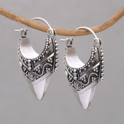 Sterling silver hoop earrings, 'Bali Origin' - Ornate Balinese Hoop Earrings