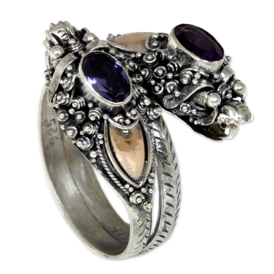 Gold accent amethyst wrap ring, 'Twin Dragon' - Gold Accent Amethyst Dragon Ring