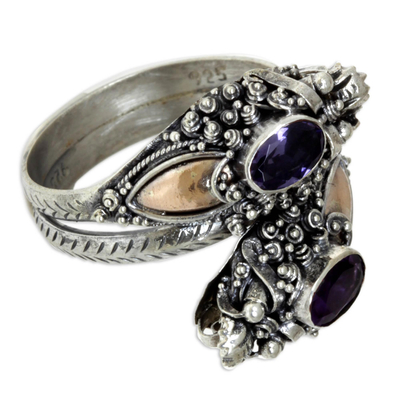 Gold accent amethyst wrap ring, 'Twin Dragon' - Gold Accent Amethyst Dragon Ring
