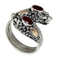 Gold accent garnet wrap ring, 'Twin Dragon' - Gold Accent Garnet Dragon Ring