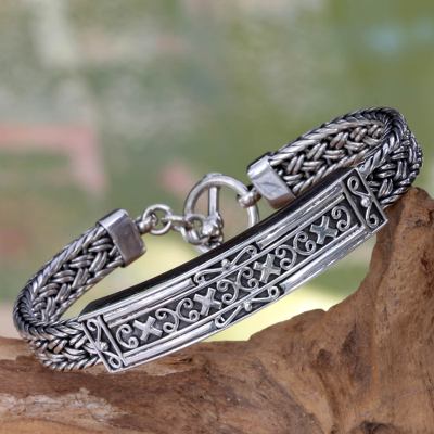 Sterling silver braided bracelet, 'Tabanan' - Braided Silver Medallion Bracelet